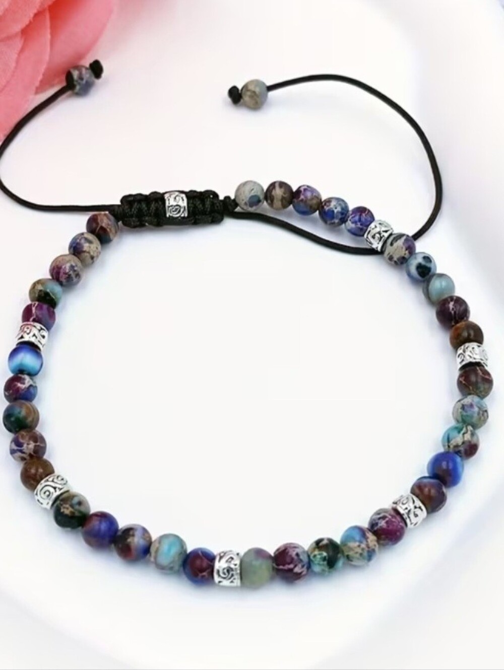 💜🩶NEW💜🩶 PRETTY!! 4MM PURPLE FLOWER STONE Adjustable Bracelet